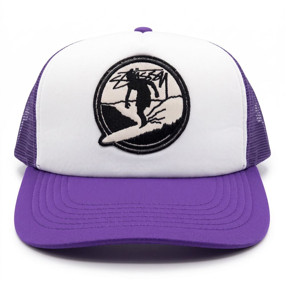 Vintage Y2K 00s Stussy Surfman Mesh Trucker Hat Purple White Casual Beach Skater